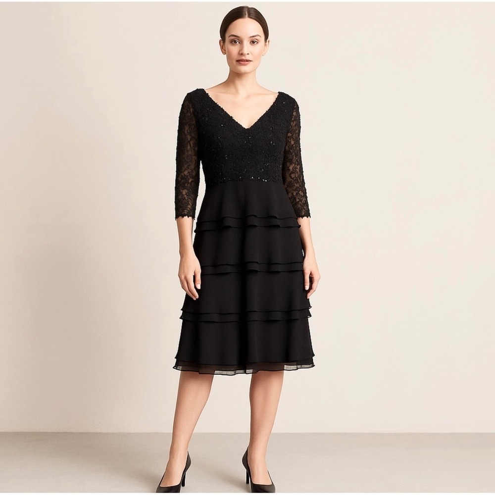 Tadashi Shoji Collection Black Silk Lace Sequin Tiered Dress KN75352MX Size 6